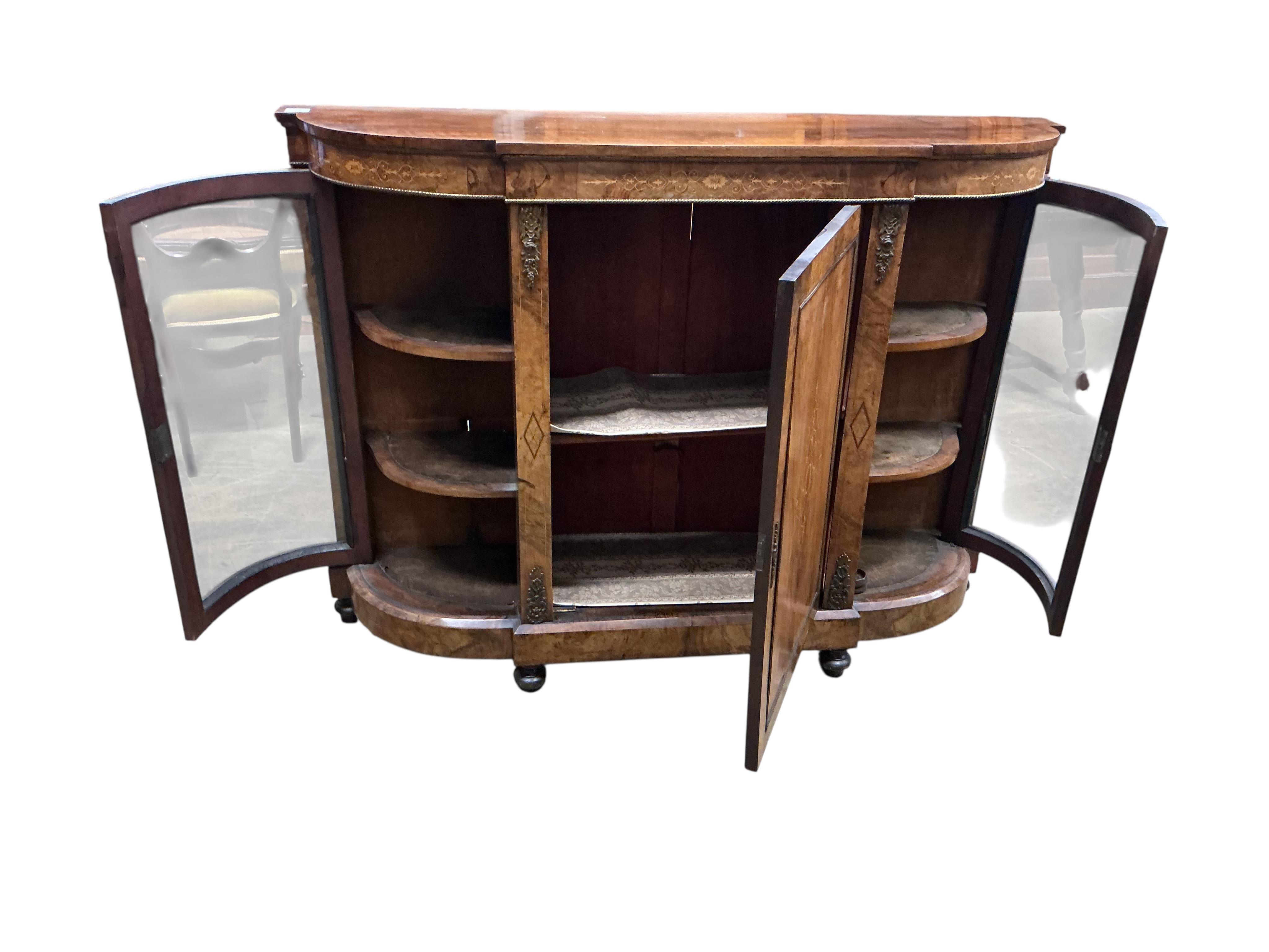 A Victorian gilt metal mounted inlaid walnut side cabinet, width 145cm, depth 37cm, height 106cm